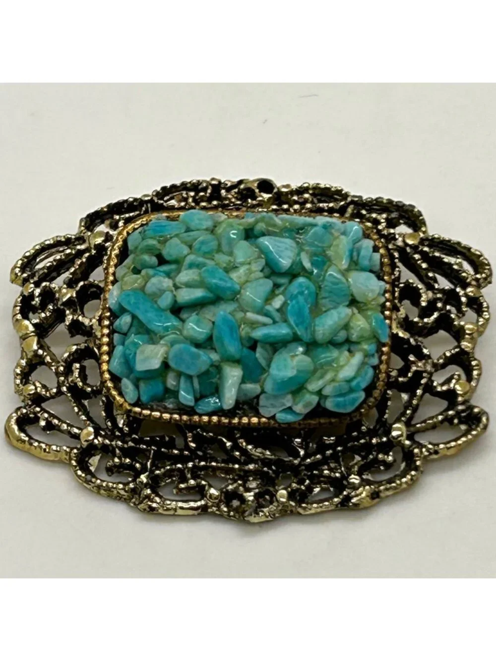 Vintage Filigree Brooch Turquoise Colored Nugget Chips Gold-Tone Textured Pin